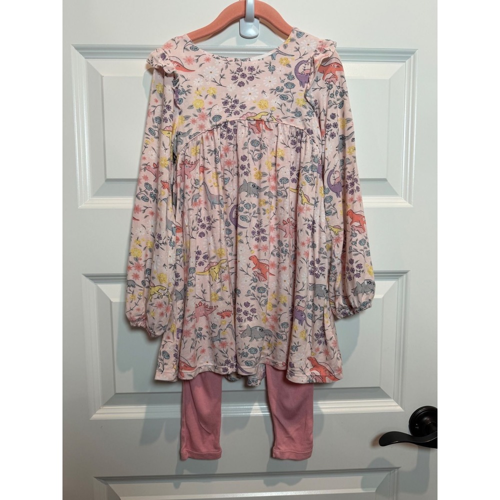 Angel Dear Bamboo Pink Dinosaur Floral Ruffle Dress and Ribbed Leggings Set Sz 5